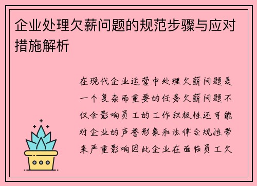 企业处理欠薪问题的规范步骤与应对措施解析